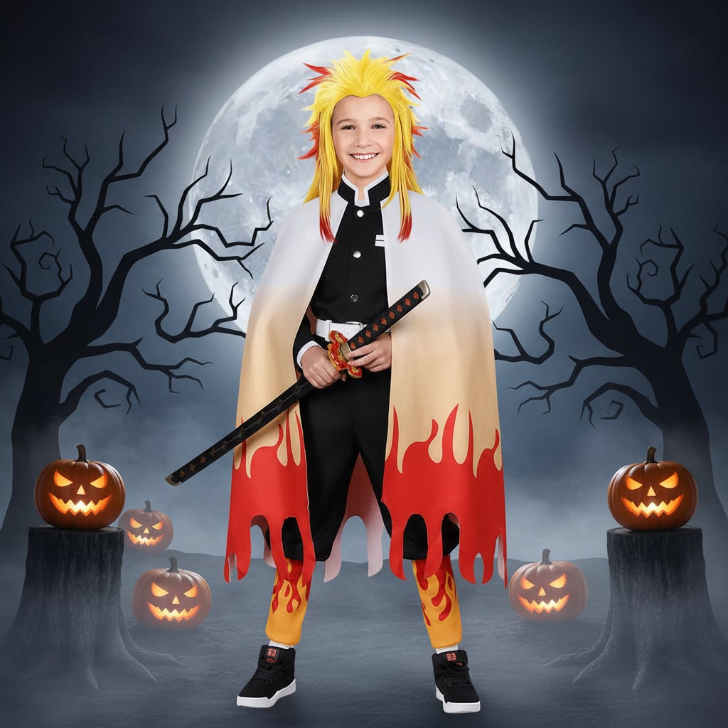 Kids' Halloween Anime Cosplay Costume Set with Flame Cape and Toy for Party - Image 1