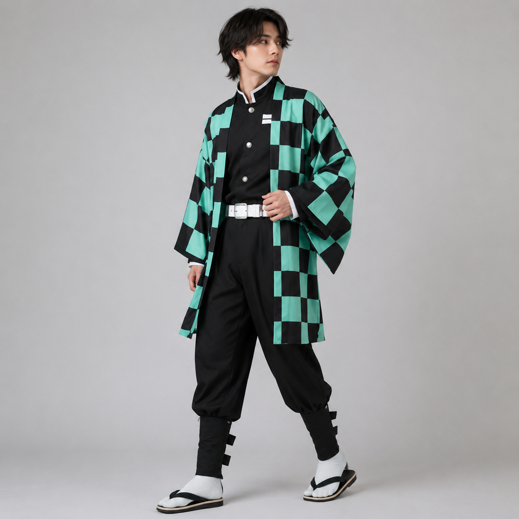 Kids' Halloween Anime Cosplay Costume with Checkered Haori Jacket and Character Accessories Set - Image 1