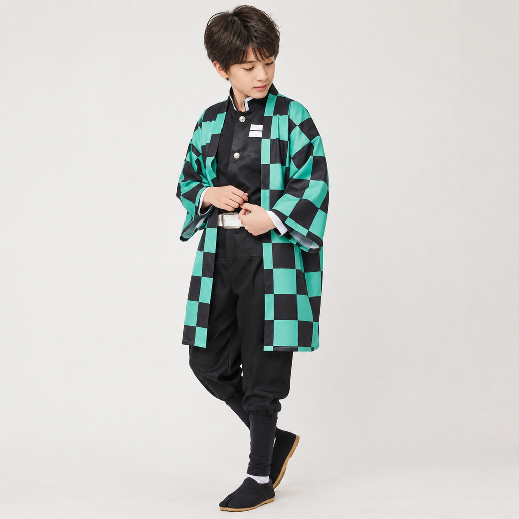 Kids' Halloween Anime Cosplay Costume with Checkered Haori Jacket and Character Accessories Set - Image 2