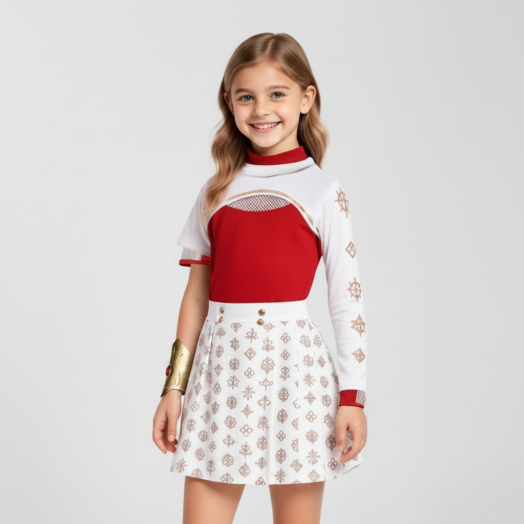 Kids' Halloween Anime Cosplay Costume with Red High-Neck Top White Skirt Gold Details Blonde - Image 1