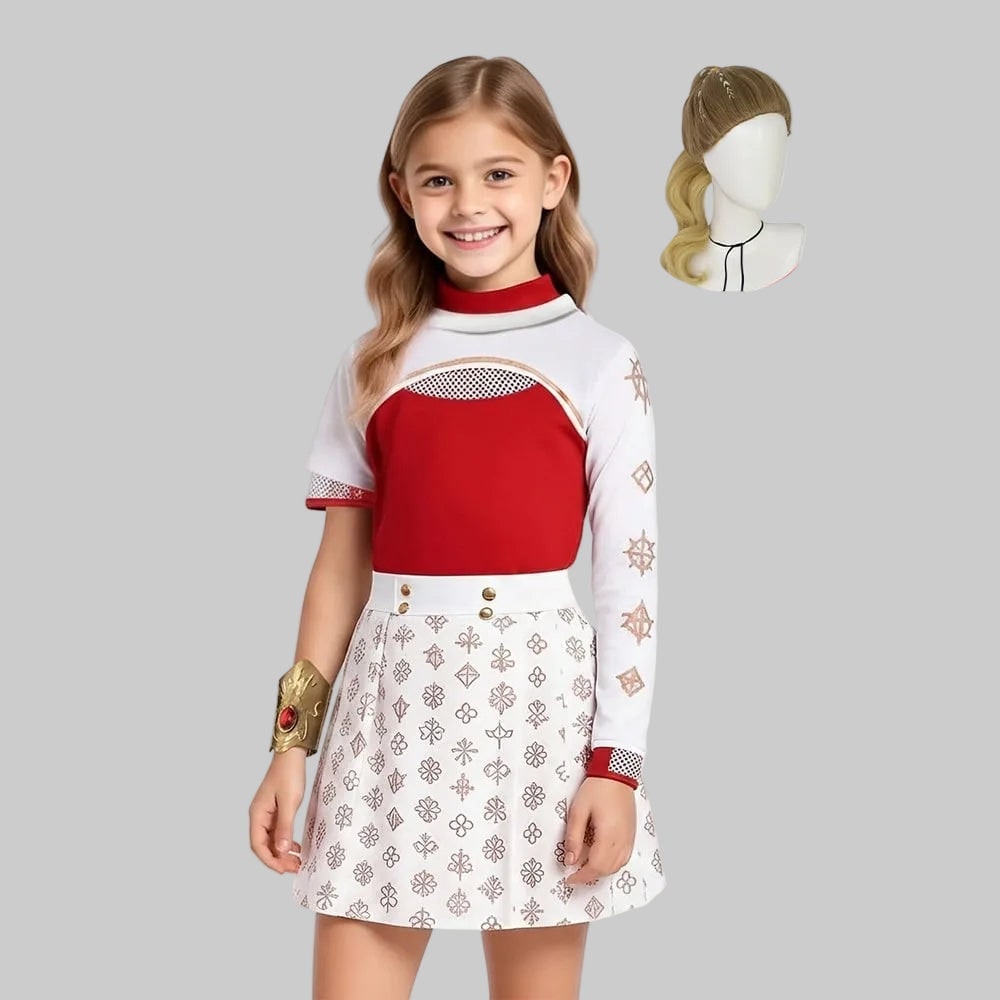 Kids' Halloween Anime Cosplay Costume with Red High-Neck Top Pleated Skirt Mesh Cutout - Image 3