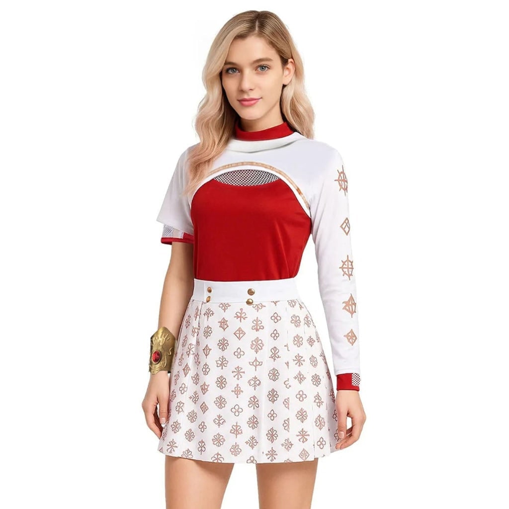 Kids' Halloween Anime Cosplay Costume with Red High-Neck Top White Skirt Gold Details Blonde - Image 4