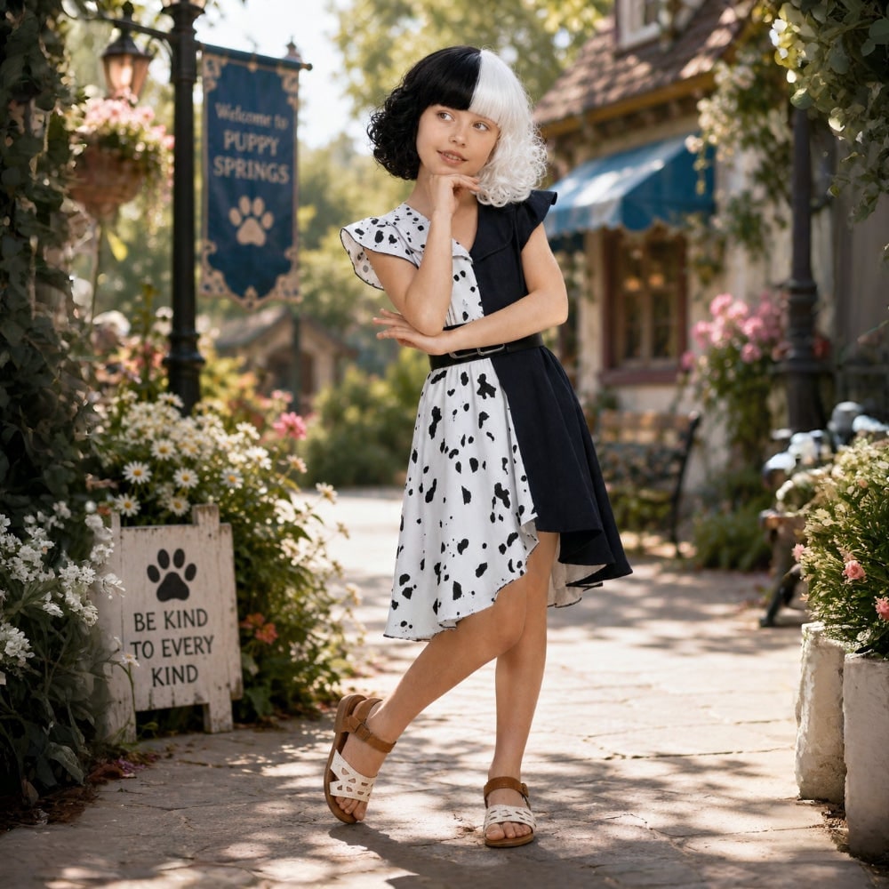 Kids' Halloween Black and White Villain Costume with Dalmatian Cape and Wig - Image 1