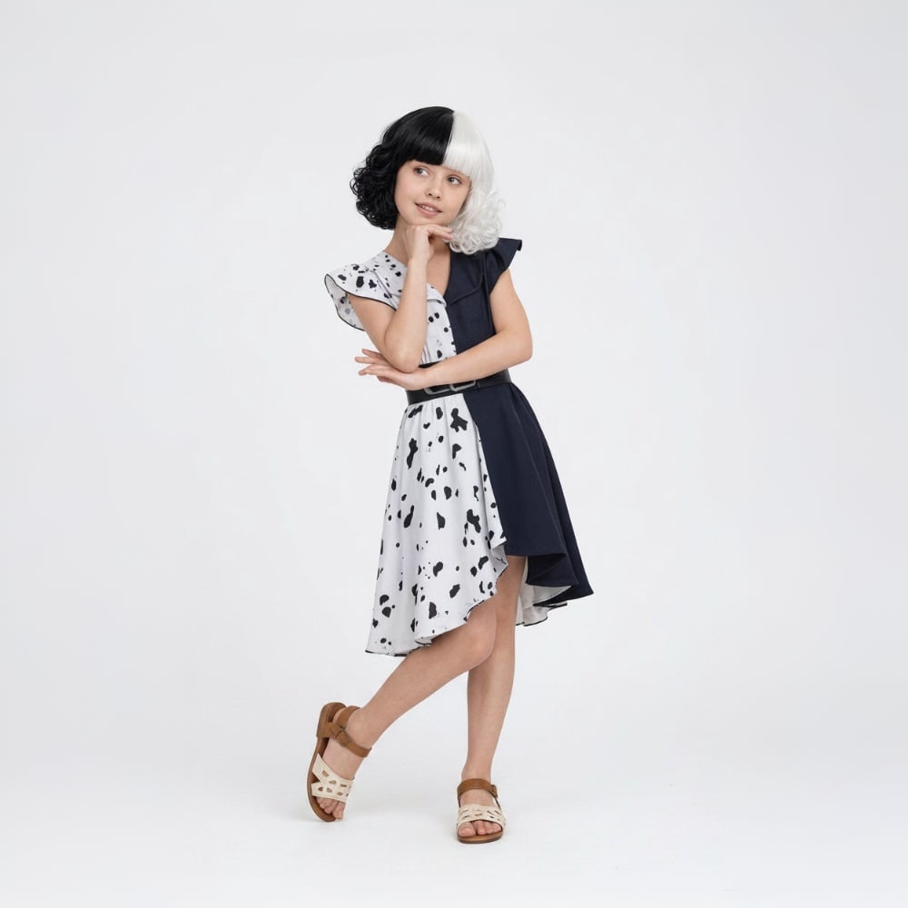 Kids' Halloween Black and White Villain Costume with Dalmatian Cape and Wig - Image 2