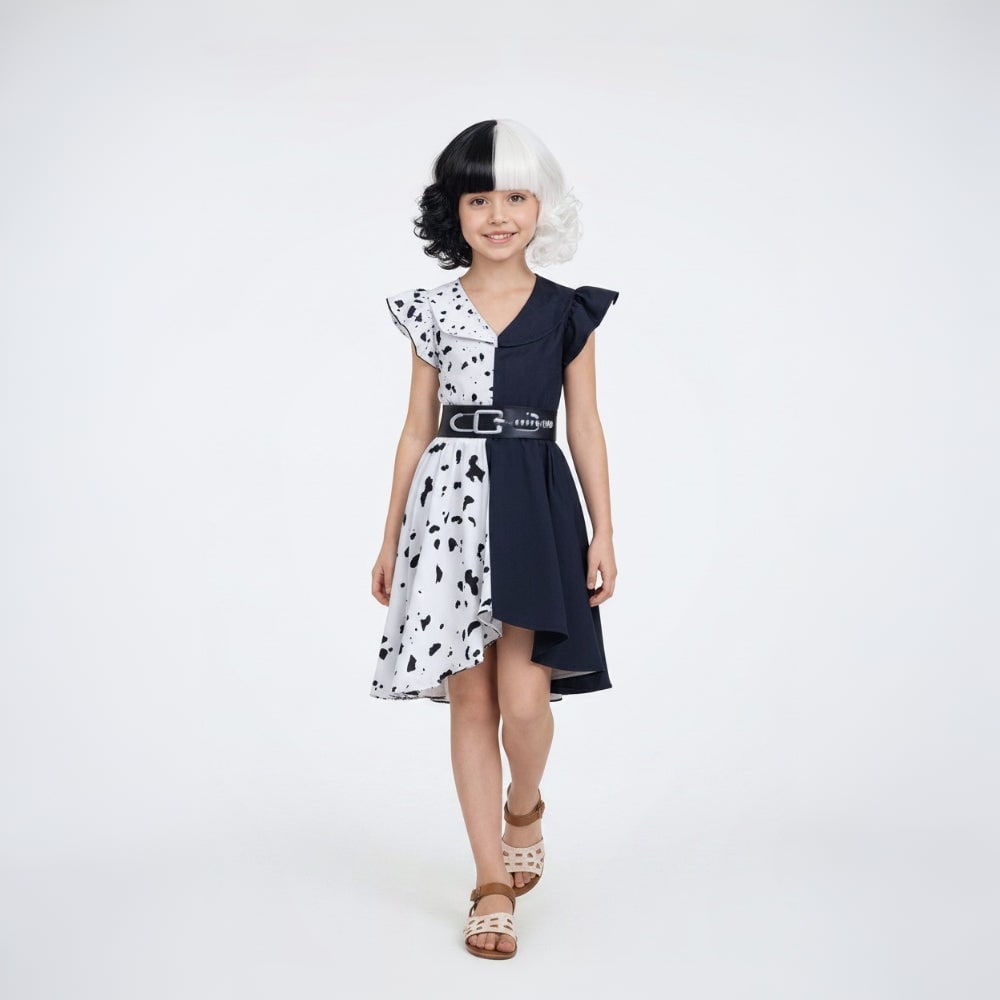 Kids' Halloween Black and White Villain Costume with Dalmatian Cape and Wig - Image 3