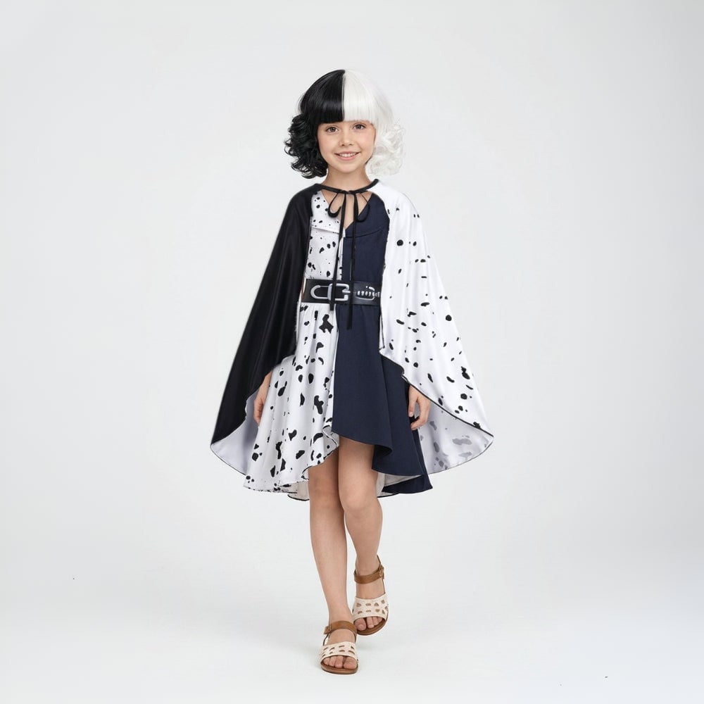 Kids' Halloween Black and White Villain Costume with Dalmatian Cape and Wig - Image 4