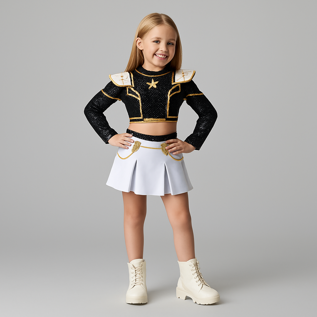 Kids' Halloween Cosplay Cheerleader Costume with Sequined Crop Top Pleated Skirt and Outfit - Image 1
