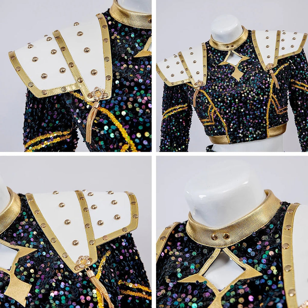 Kids' Halloween Cosplay Cheerleader Costume with Sequined Crop Top Pleated Skirt and Outfit - Image 10