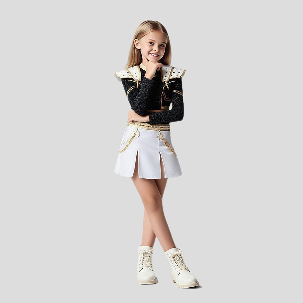 Kids' Halloween Cosplay Cheerleader Costume with Sequined Crop Top Pleated Skirt and Outfit - Image 3