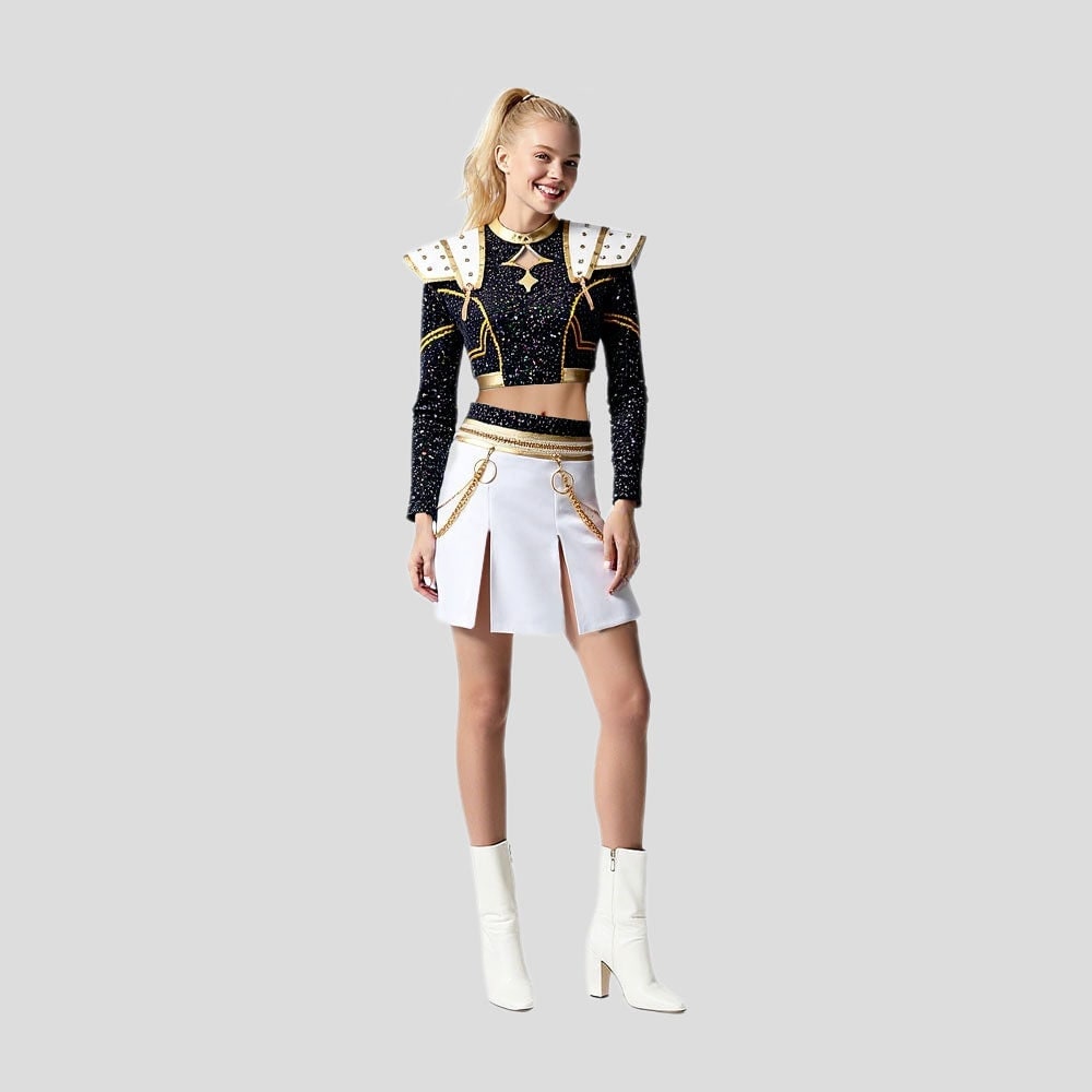 Kids' Halloween Cosplay Cheerleader Costume with Sequined Crop Top Pleated Skirt and Outfit - Image 4