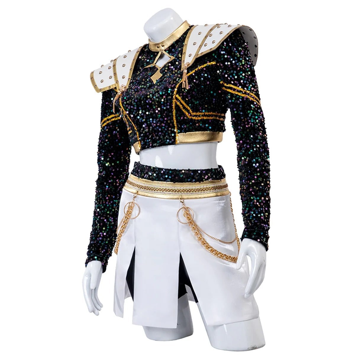 Kids' Halloween Cosplay Cheerleader Costume with Sequined Crop Top Pleated Skirt and Outfit - Image 8