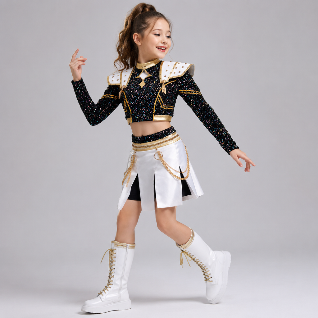 Kids' Halloween Cosplay Costume with Wig, Sequined Crop Top, Pleated Skirt and Shoulder Armor - Image 1
