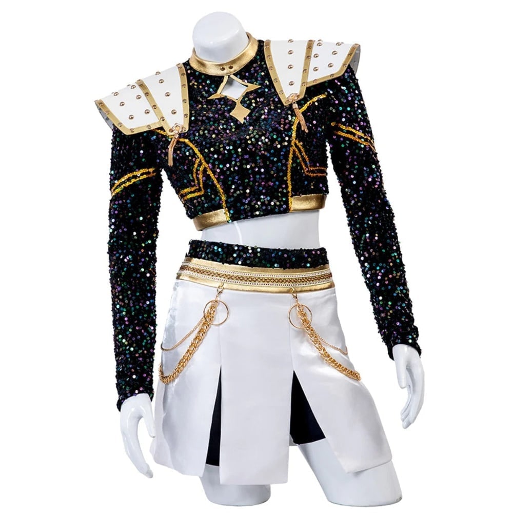 Kids' Halloween Cosplay Costume with Wig, Sequined Crop Top, Pleated Skirt and Shoulder Armor - Image 3