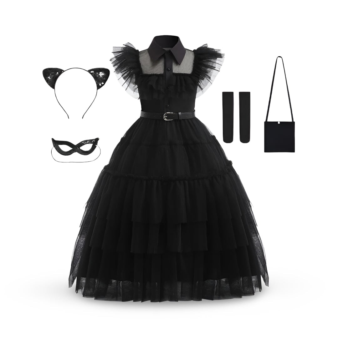 Kids' Halloween Costume Gothic Schoolgirl with Tiered Tulle Skirt Wig - Image 4