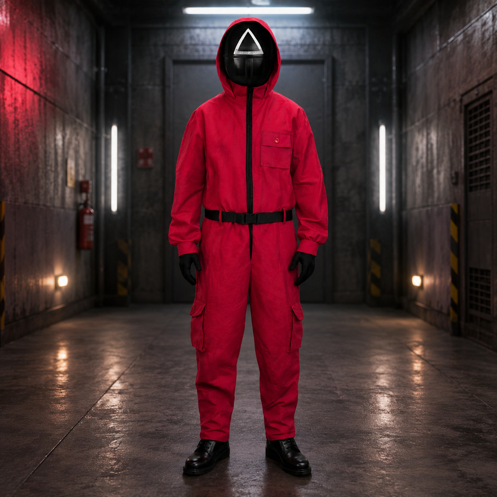 Kids' Halloween Game Costume Red Hooded Jumpsuit with Geometric Belt and Gloves - Image 1
