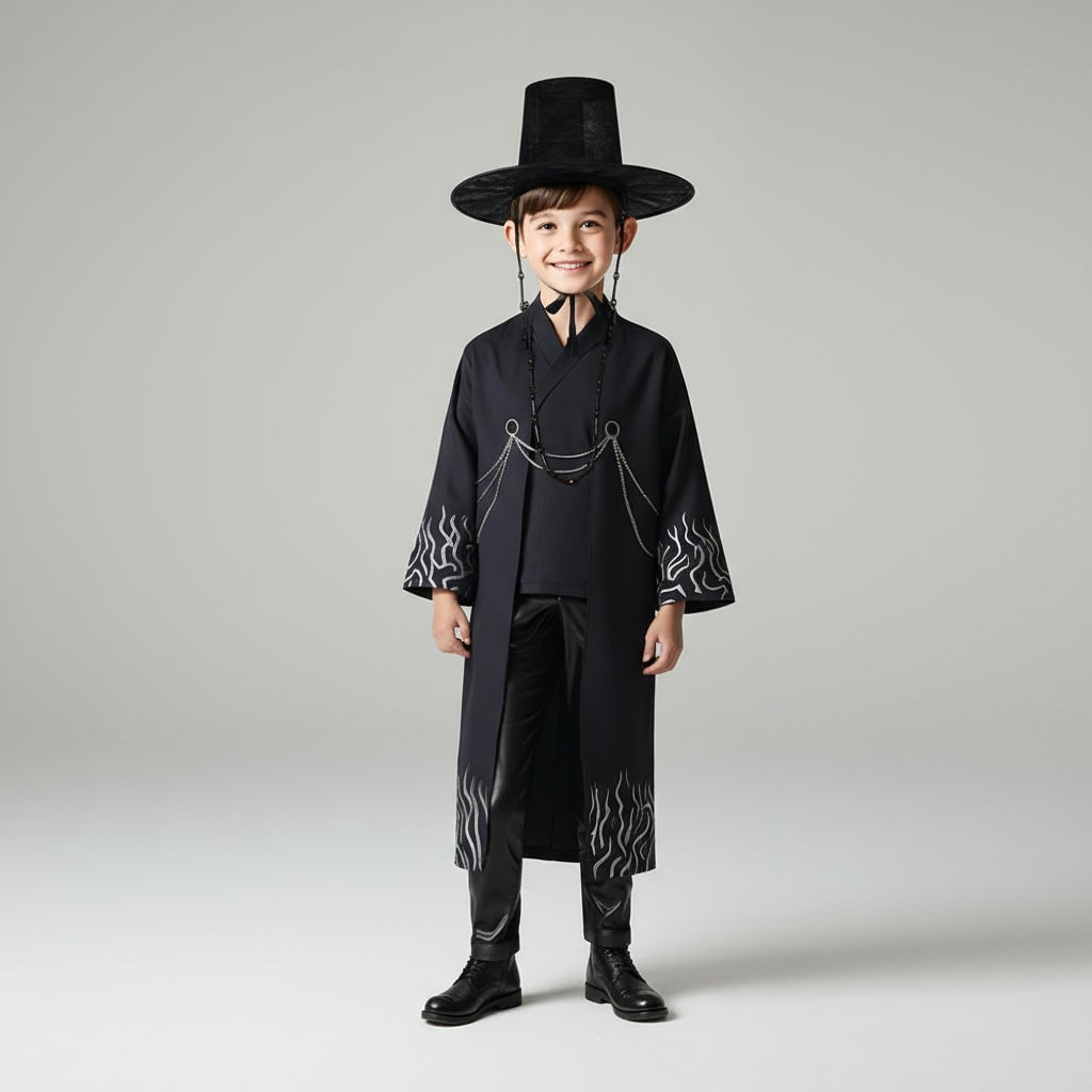 Kids' Halloween Grim Reaper Costume Korean Style with Gat Hat Robe Chains and Decorative Belt - Image 1