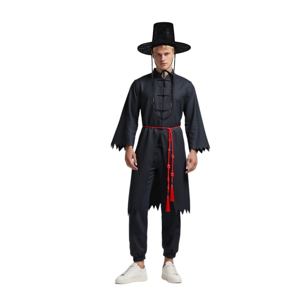 Kids' Halloween Grim Reaper Costume Korean Style with Gat Hat Robe Chains and Decorative Belt - Image 10