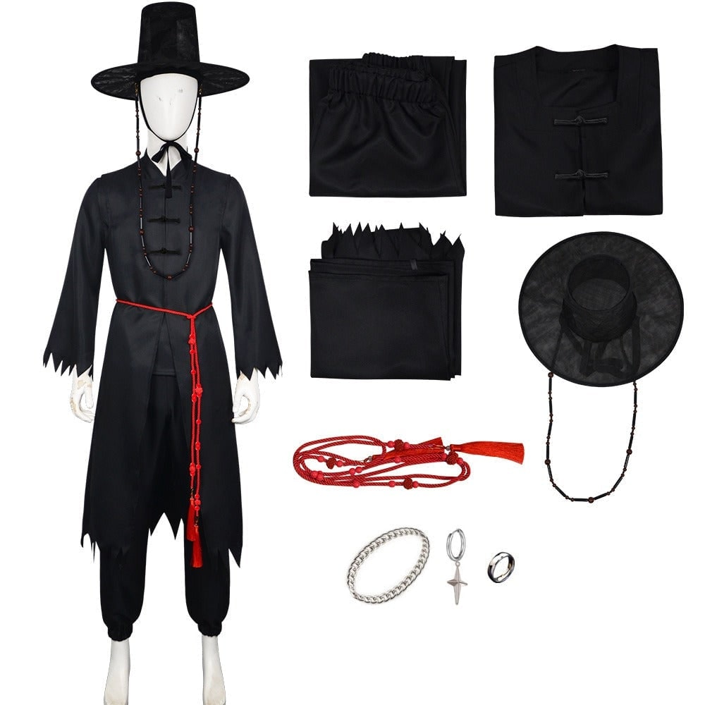 Kids' Halloween Grim Reaper Costume Korean Style with Gat Hat Robe Chains and Decorative Belt - Image 13