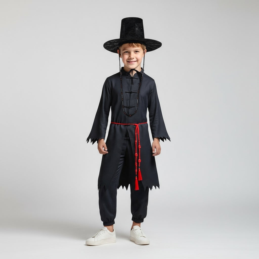 Kids' Halloween Grim Reaper Costume Korean Style with Gat Hat Robe Chains and Decorative Belt - Image 2