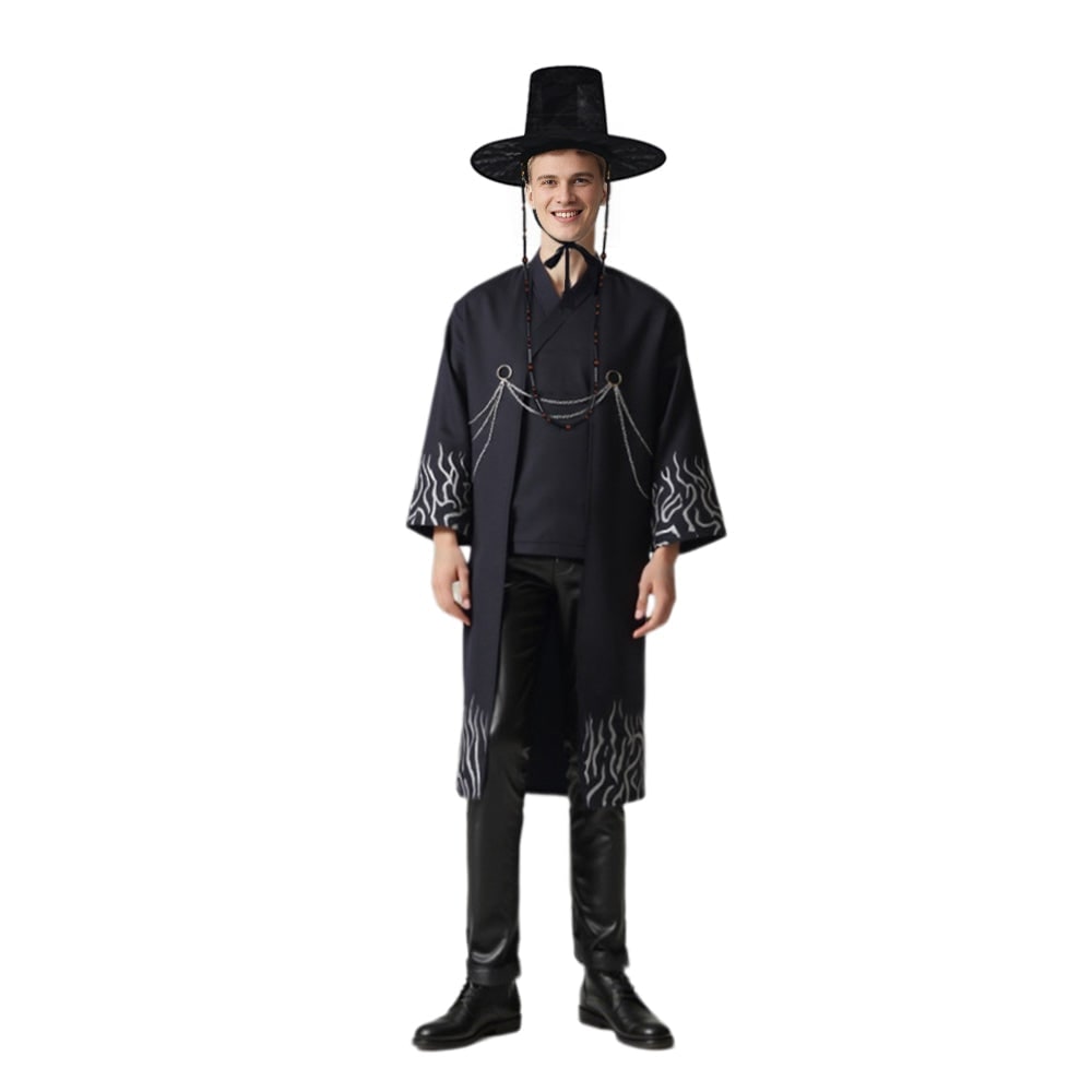 Kids' Halloween Grim Reaper Costume Korean Style with Gat Hat Robe Chains and Decorative Belt - Image 3