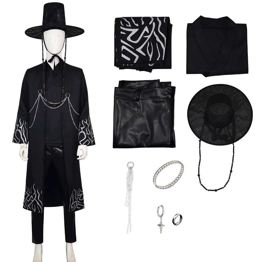 Kids' Halloween Grim Reaper Costume Korean Style with Gat Hat Robe Chains and Decorative Belt - Image 6