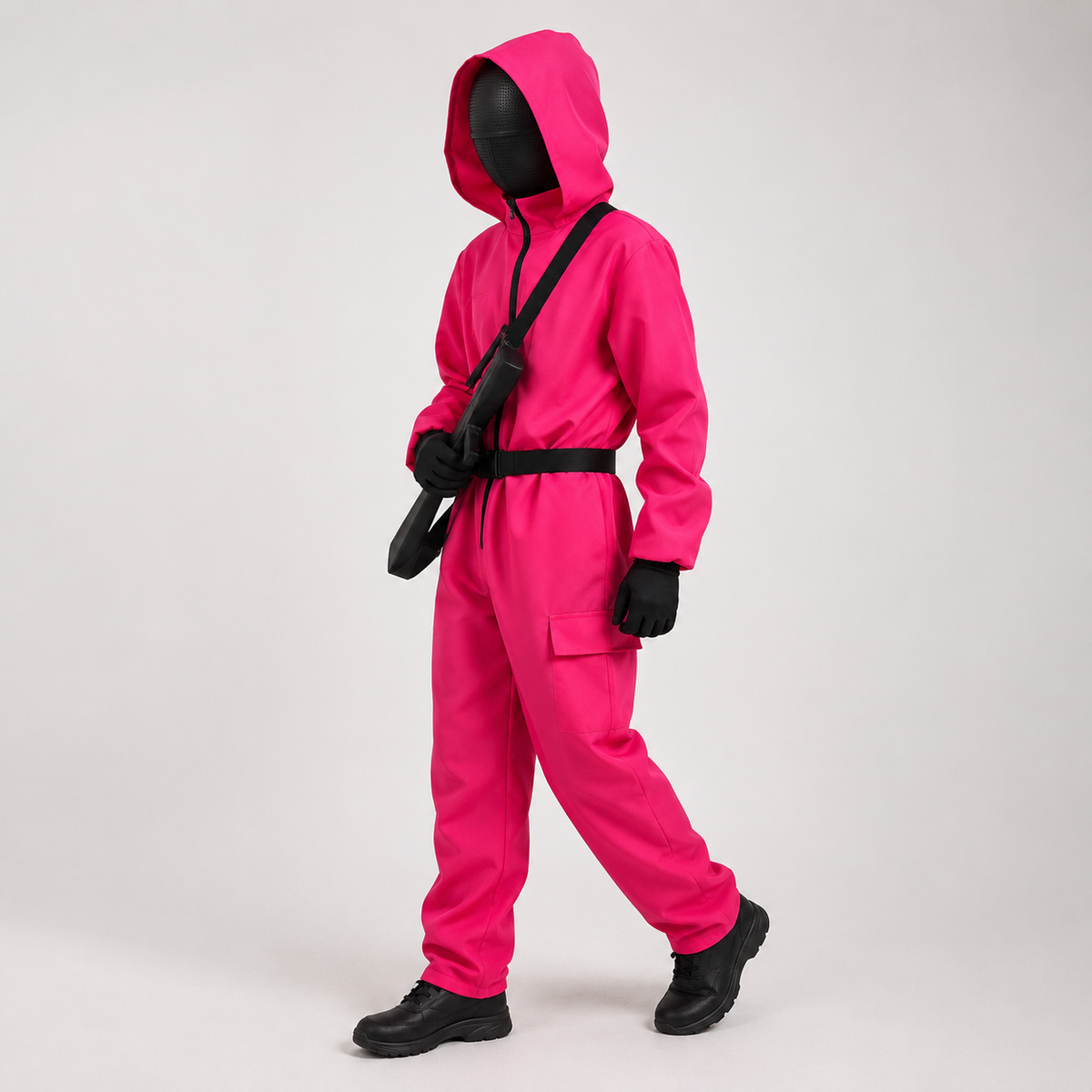 Kids' Halloween Pink Hooded Jumpsuit Costume with Black Belt and Cargo Pockets - Image 2