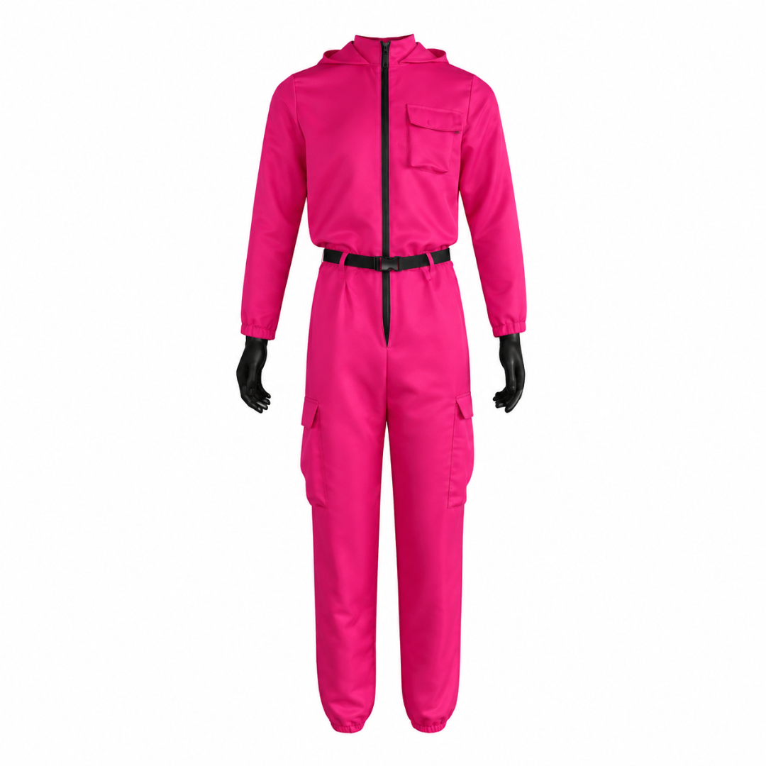 Kids' Halloween Pink Hooded Jumpsuit Costume with Black Belt and Cargo Pockets - Image 3