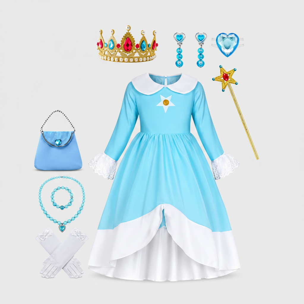 Kids' Halloween Princess Costume Dress with Long Sleeves Crown and Wand - Image 1