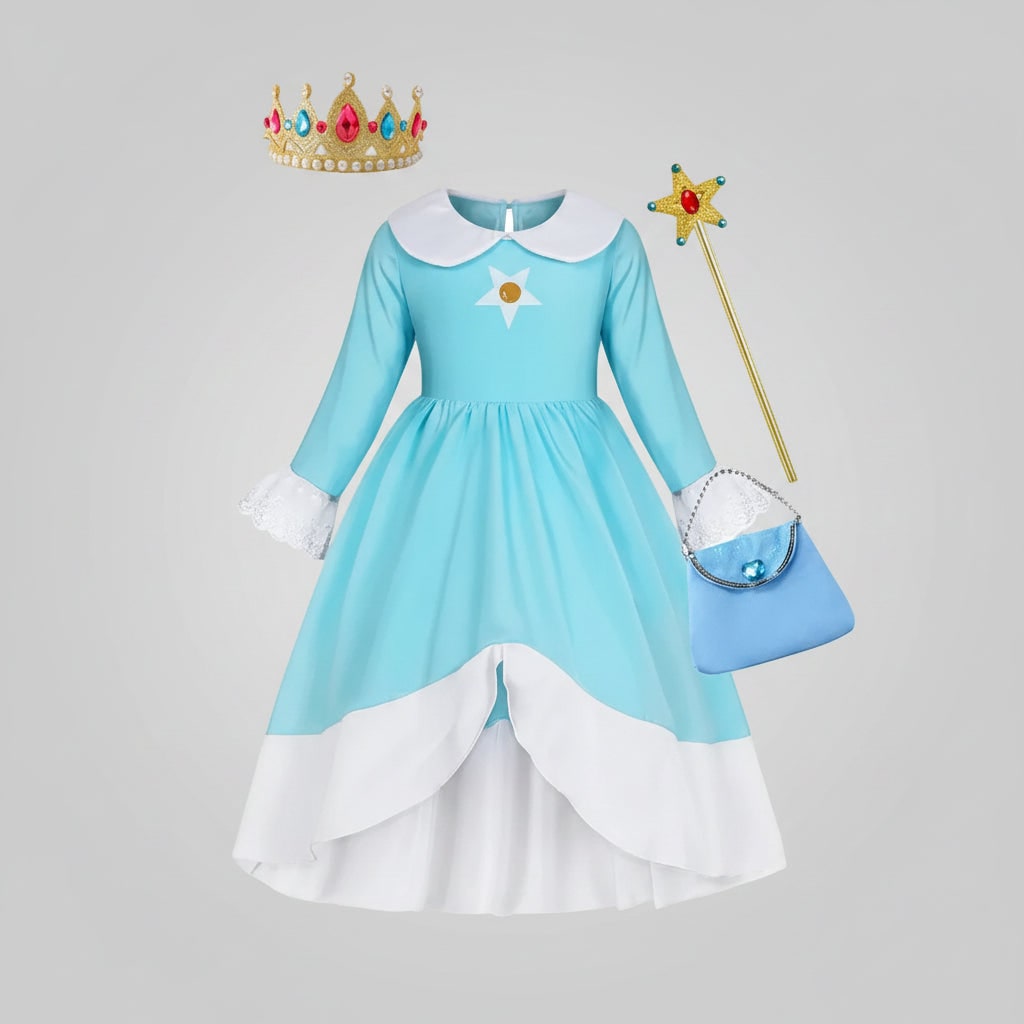 Kids' Halloween Princess Costume Dress with Long Sleeves Crown and Wand - Image 2