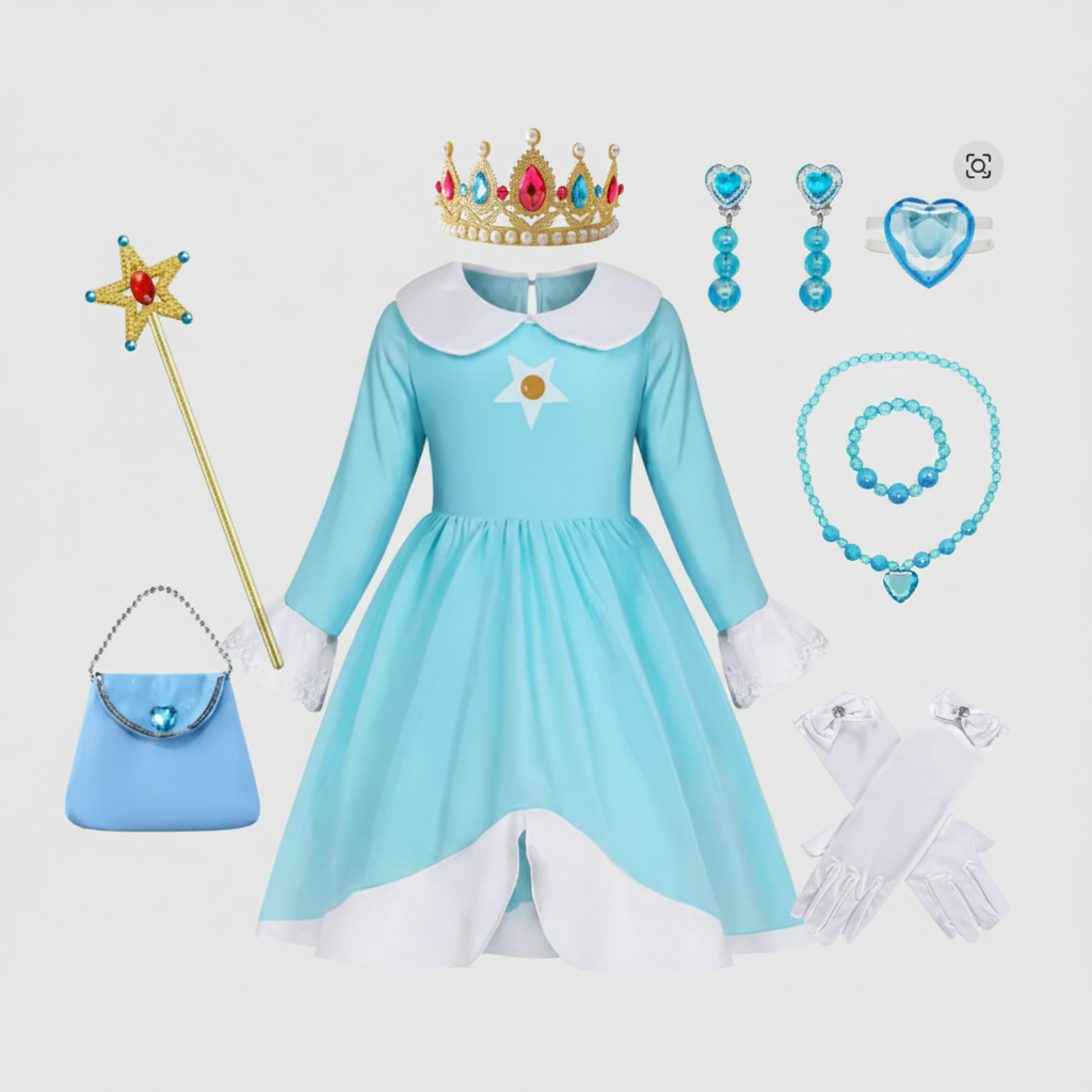 Kids' Halloween Princess Costume Dress with Long Sleeves Crown and Wand - Image 3