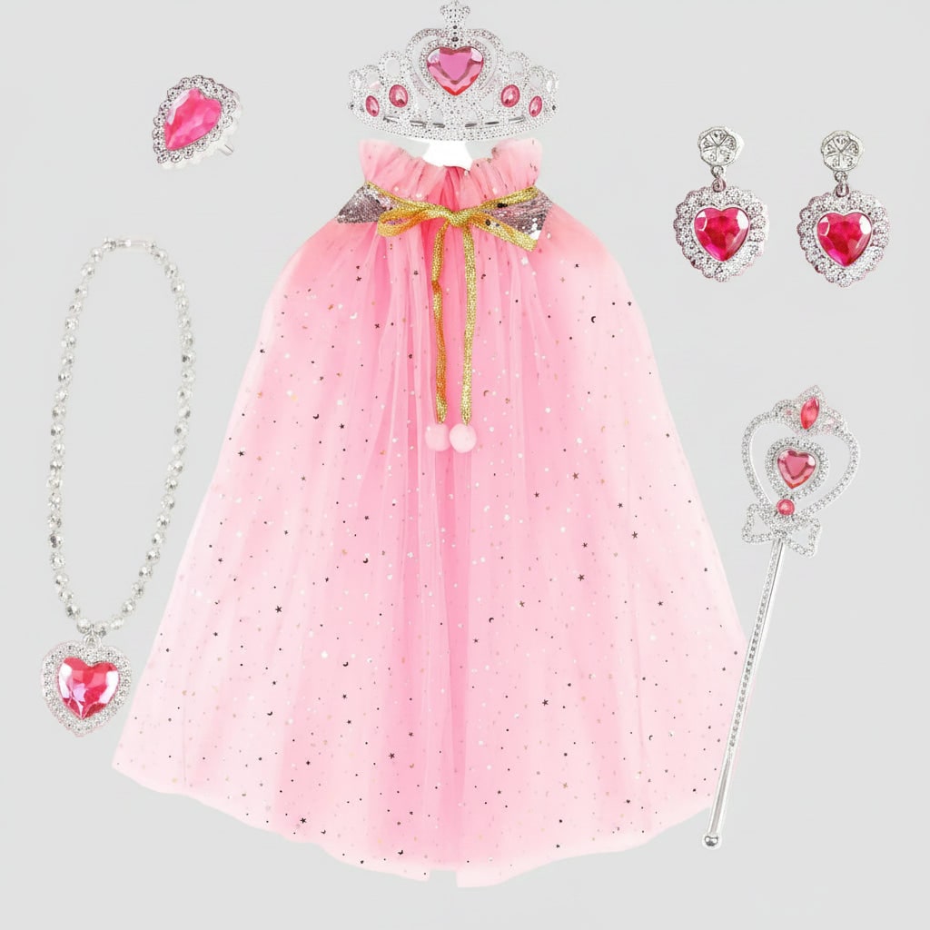 Kids' Halloween Princess Dress Up Belle with Cape Tiara Wand and Jewelry Accessories Set - Image 1