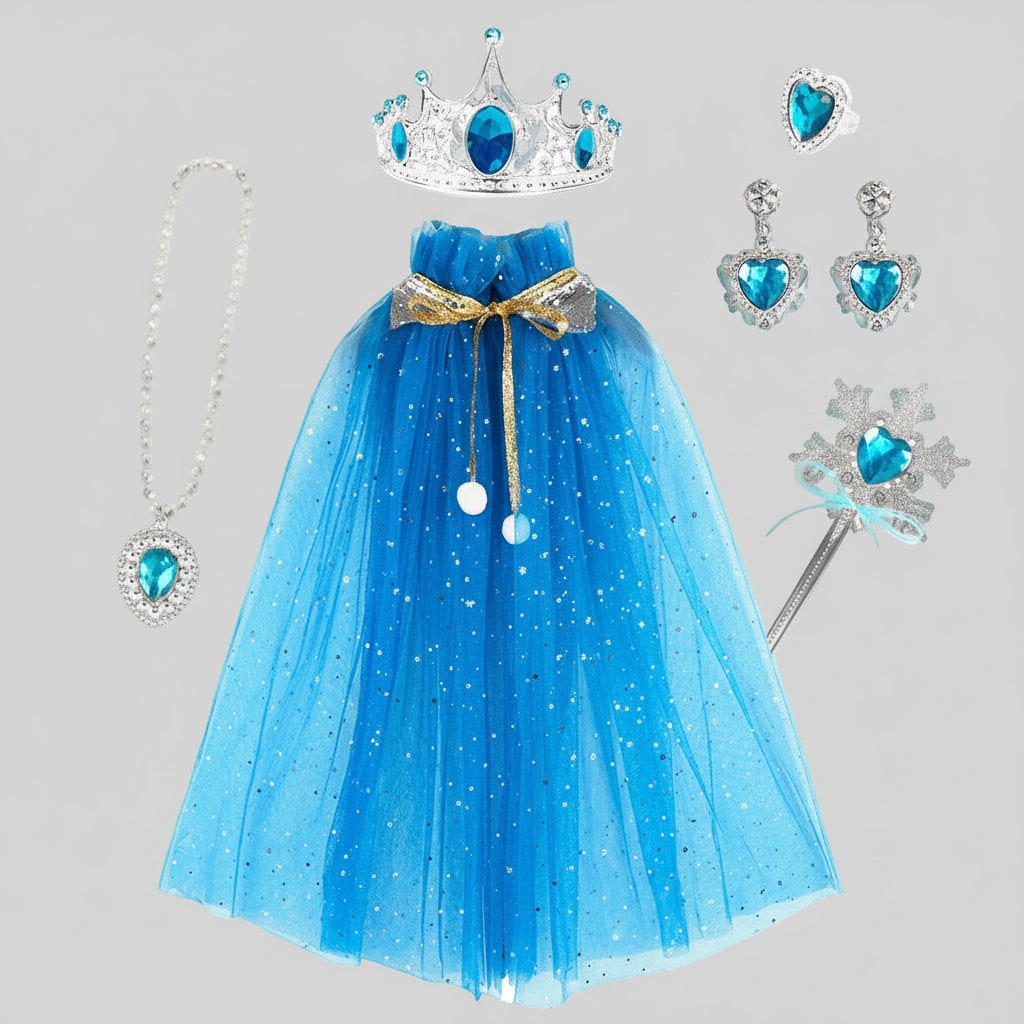 Kids' Halloween Princess Dress Up Belle with Cape Tiara Wand and Jewelry Accessories Set - Image 2