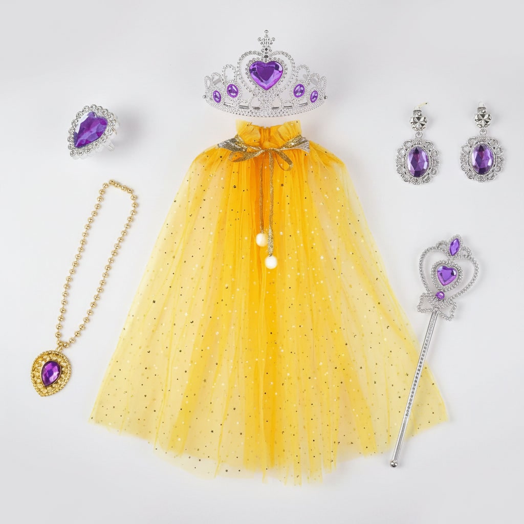 Kids' Halloween Princess Dress Up Belle with Cape Tiara Wand and Jewelry Accessories Set - Image 4