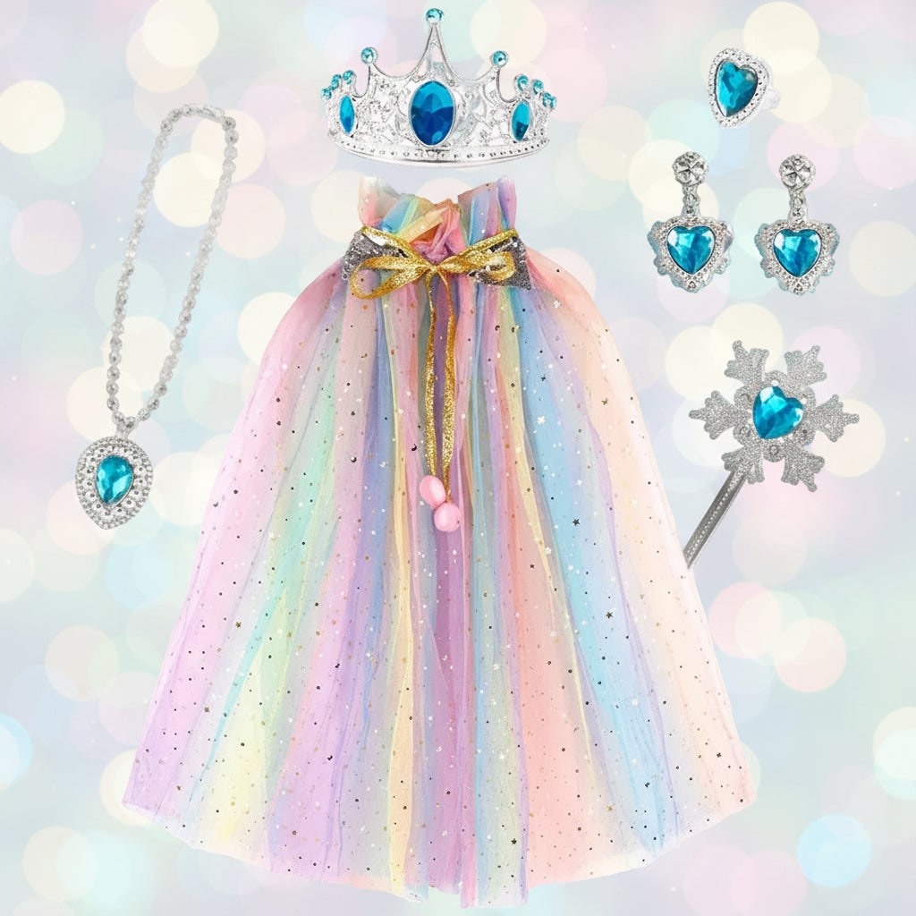 Kids' Halloween Princess Dress Up Belle with Cape Tiara Wand and Jewelry Accessories Set - Image 5