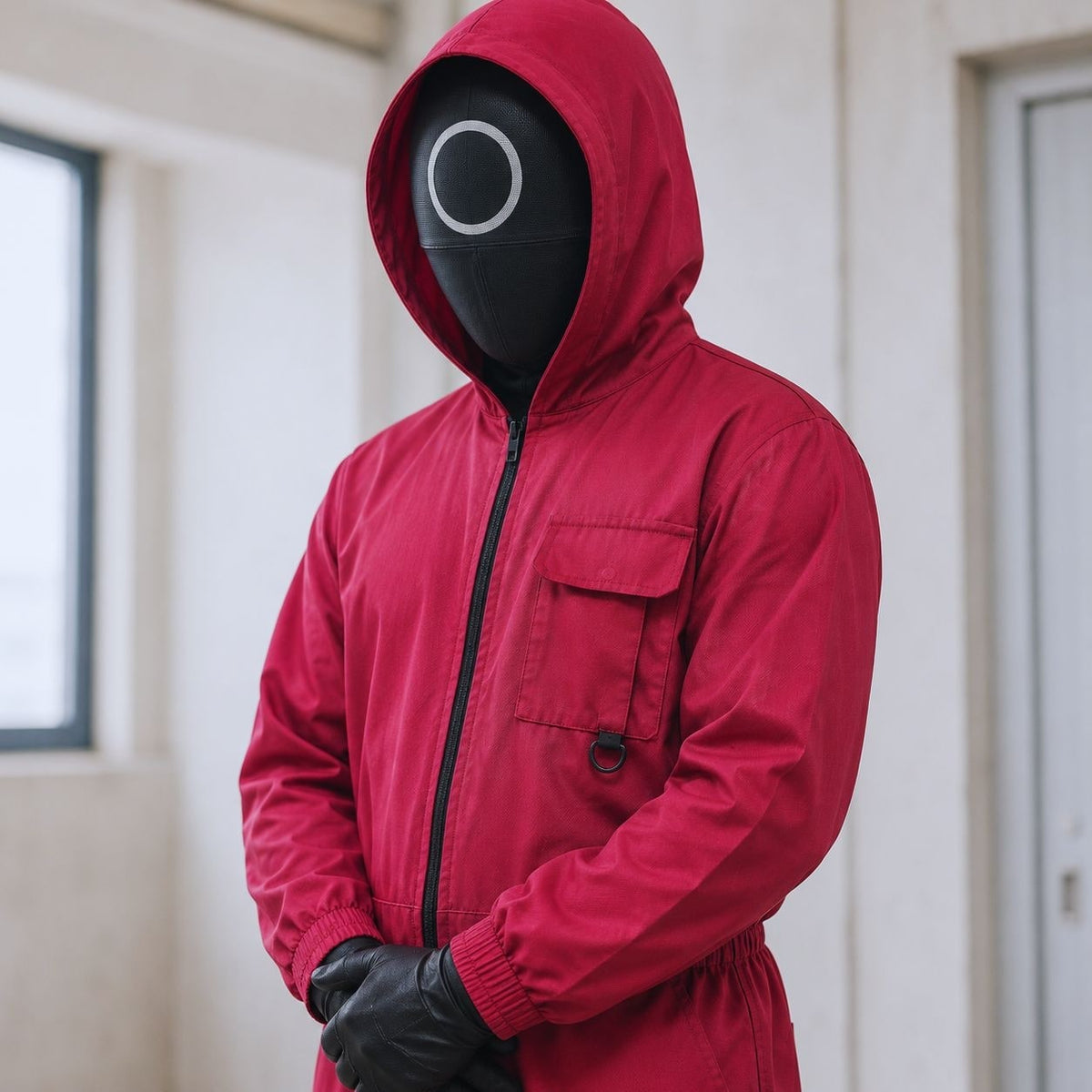 Kids' Halloween survival game Costume Jumpsuit with Hooded Design and Black Circle Mask - Image 1
