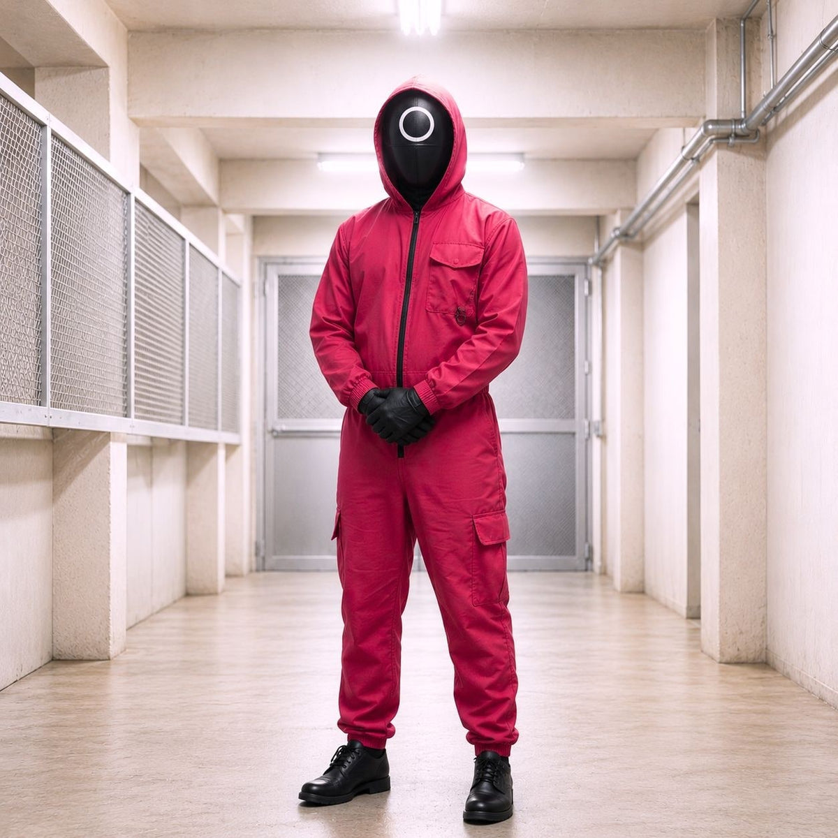 Kids' Halloween survival game Costume Jumpsuit with Hooded Design and Black Circle Mask - Image 4