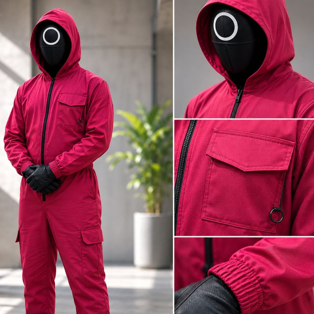 Kids' Halloween survival game Costume Jumpsuit with Hooded Design and Black Circle Mask - Image 5