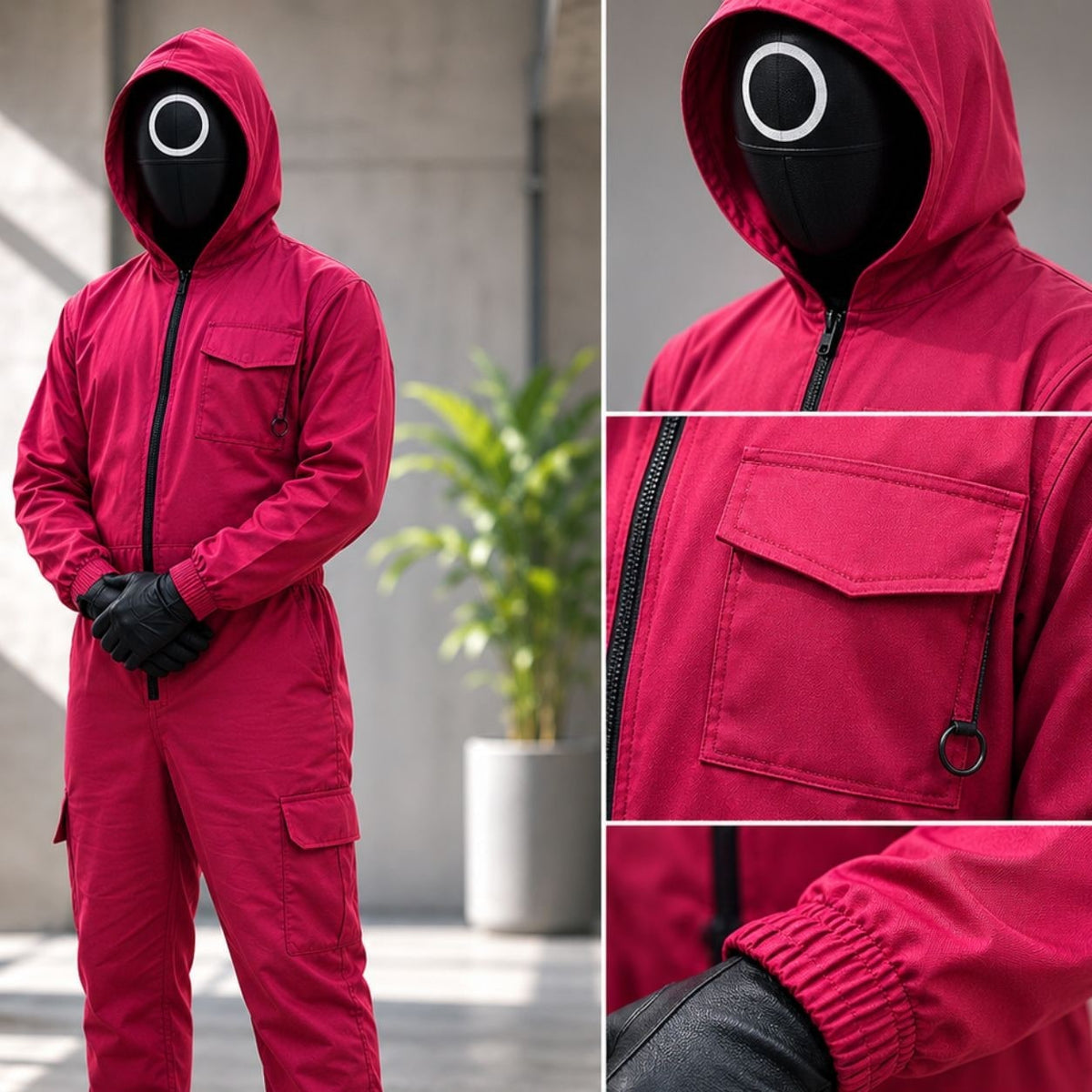 Kids' Halloween survival game Costume Jumpsuit with Hooded Design and Black Circle Mask - Image 5