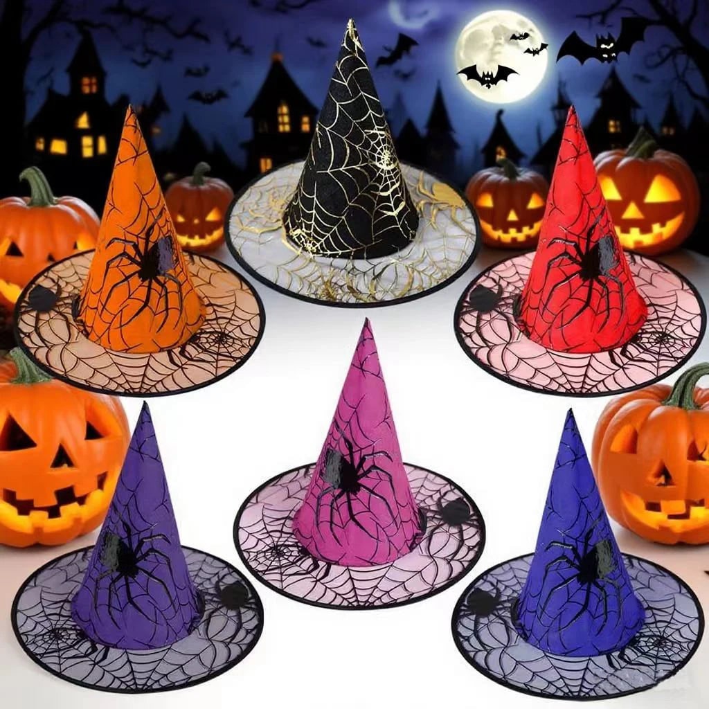 Kids' Halloween Witch Hat with Spider Web and Print Pointy Witchcraft for Costume Party Witches - Image 1