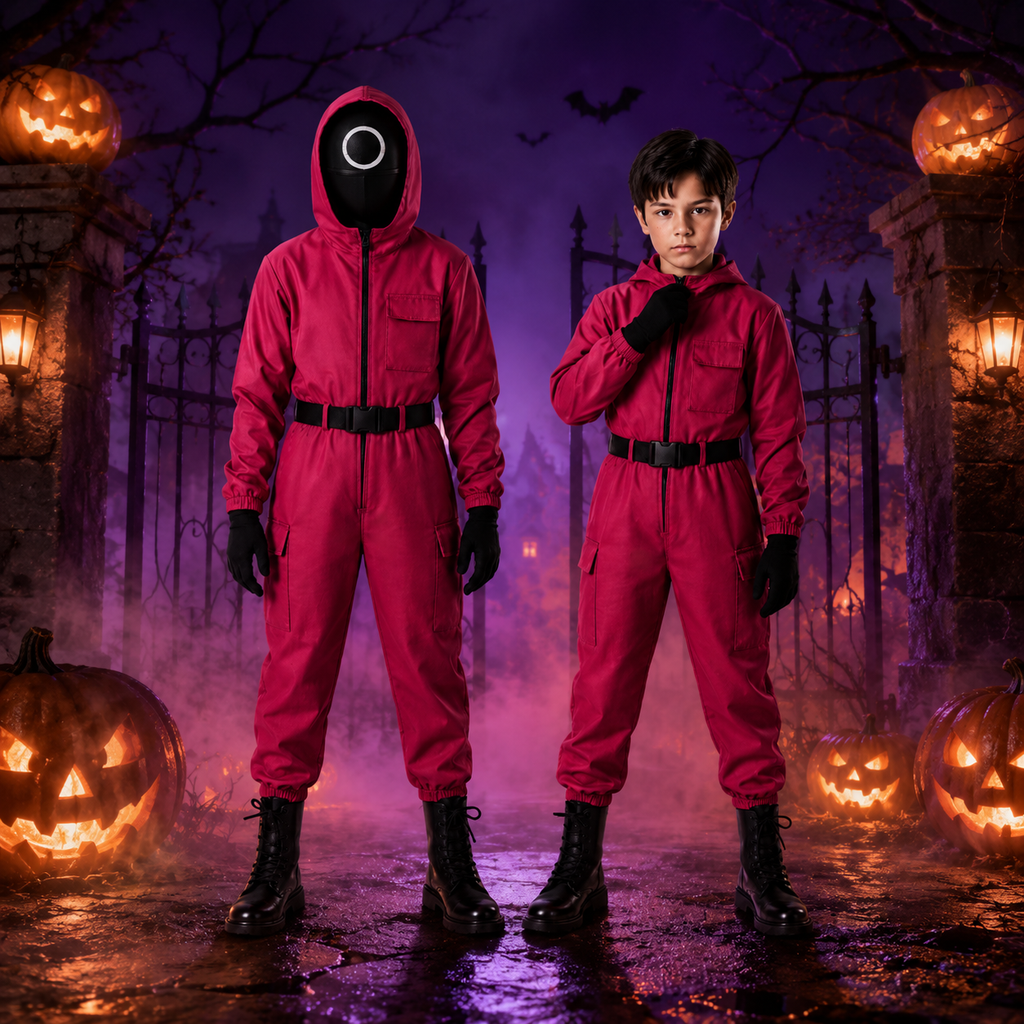 Kids' Red Hooded Jumpsuit Costume with Mask and Accessories - Image 1