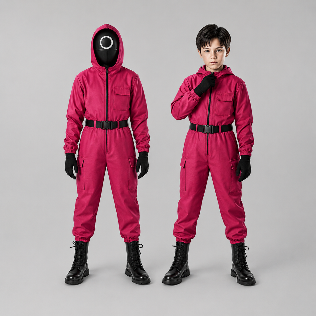 Kids' Red Hooded Jumpsuit Costume with Mask and Accessories - Image 2
