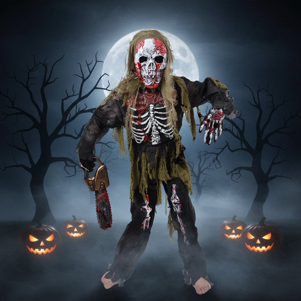Kids' Zombie Skeleton Halloween Costume with Mask and Gloves - Image 1