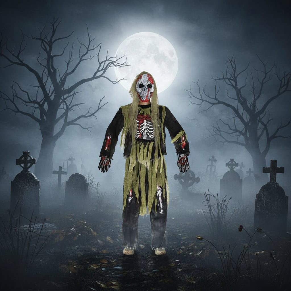 Kids' Zombie Skeleton Halloween Costume with Mask and Gloves - Image 2