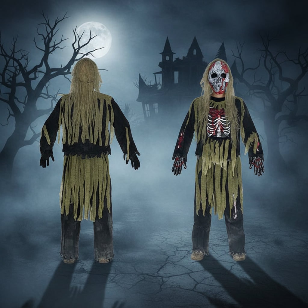 Kids' Zombie Skeleton Halloween Costume with Mask and Gloves - Image 3