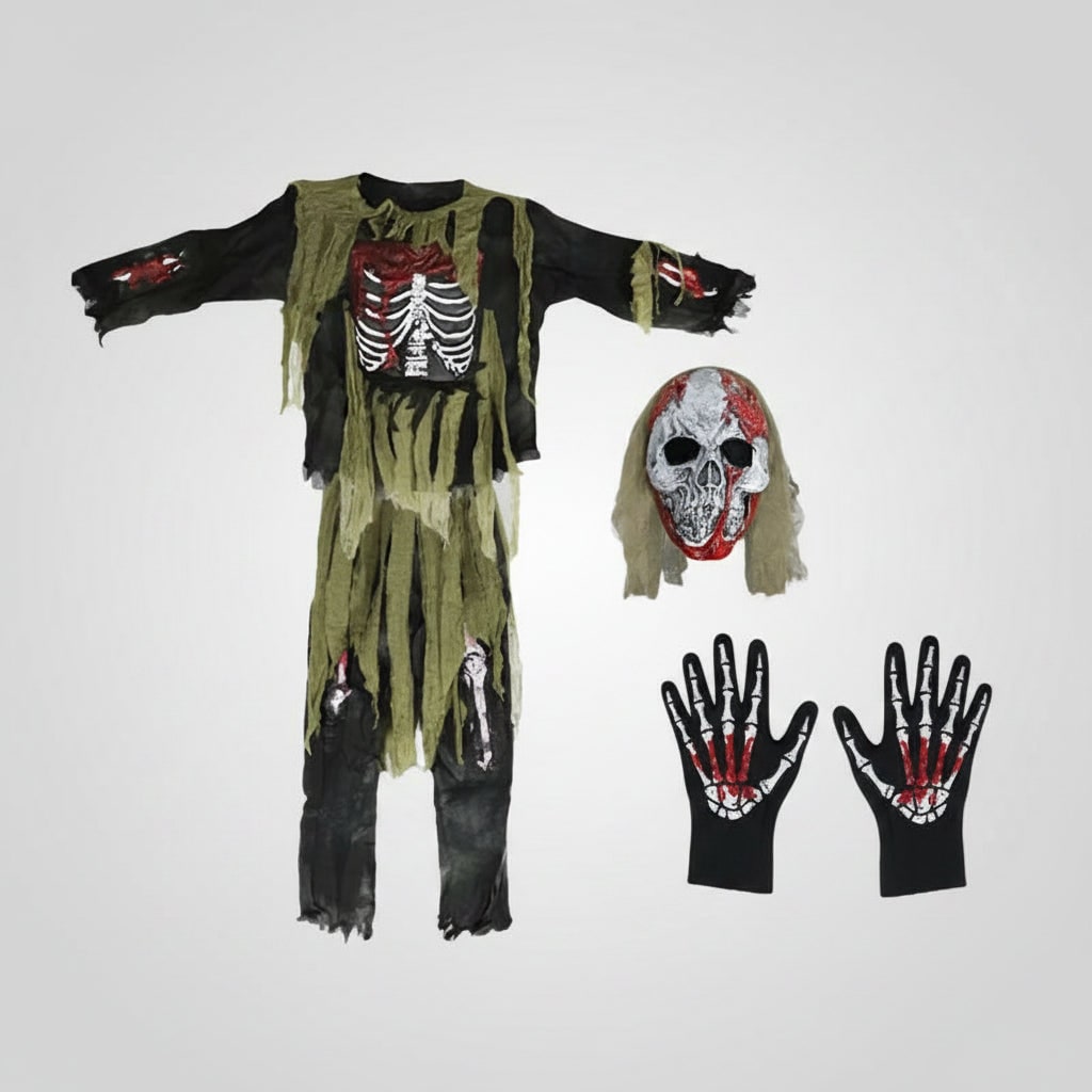 Kids' Zombie Skeleton Halloween Costume with Mask and Gloves - Image 4