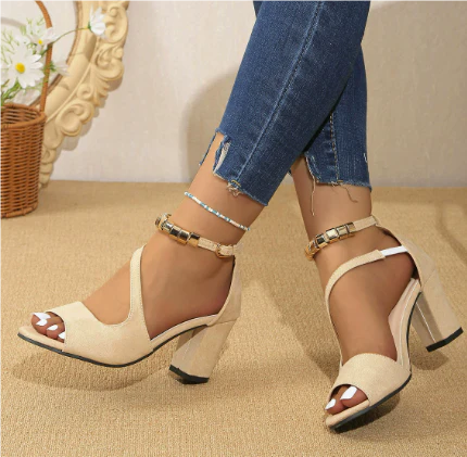 Laura | Sandali Donna Tacco Largo Cinturino Metallico Beige