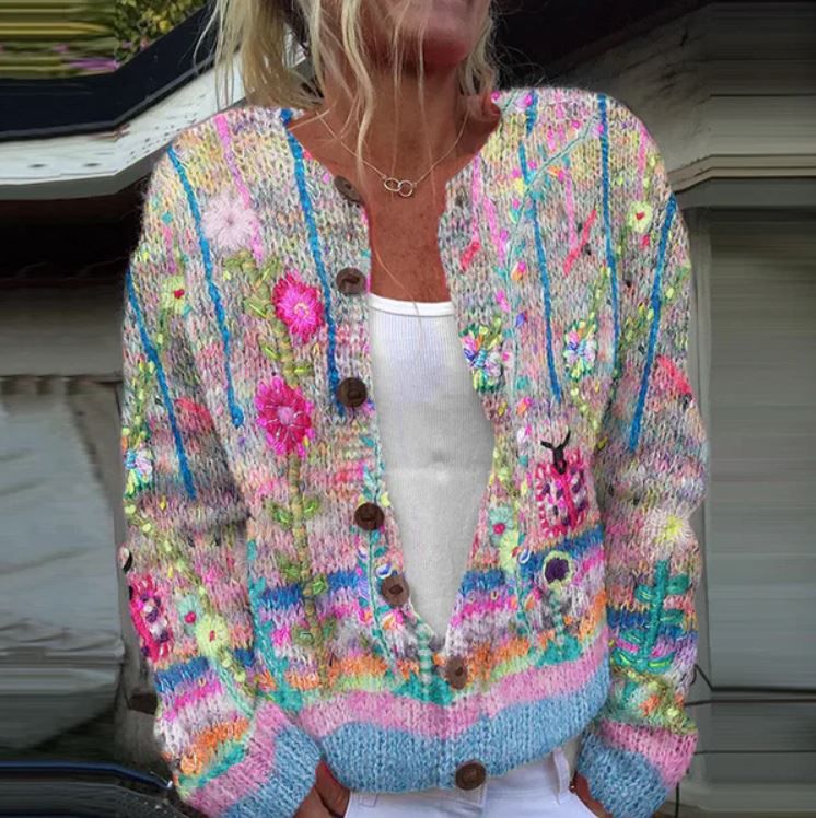 Cardigan da donna con bottoni frontali e ricamo floreale