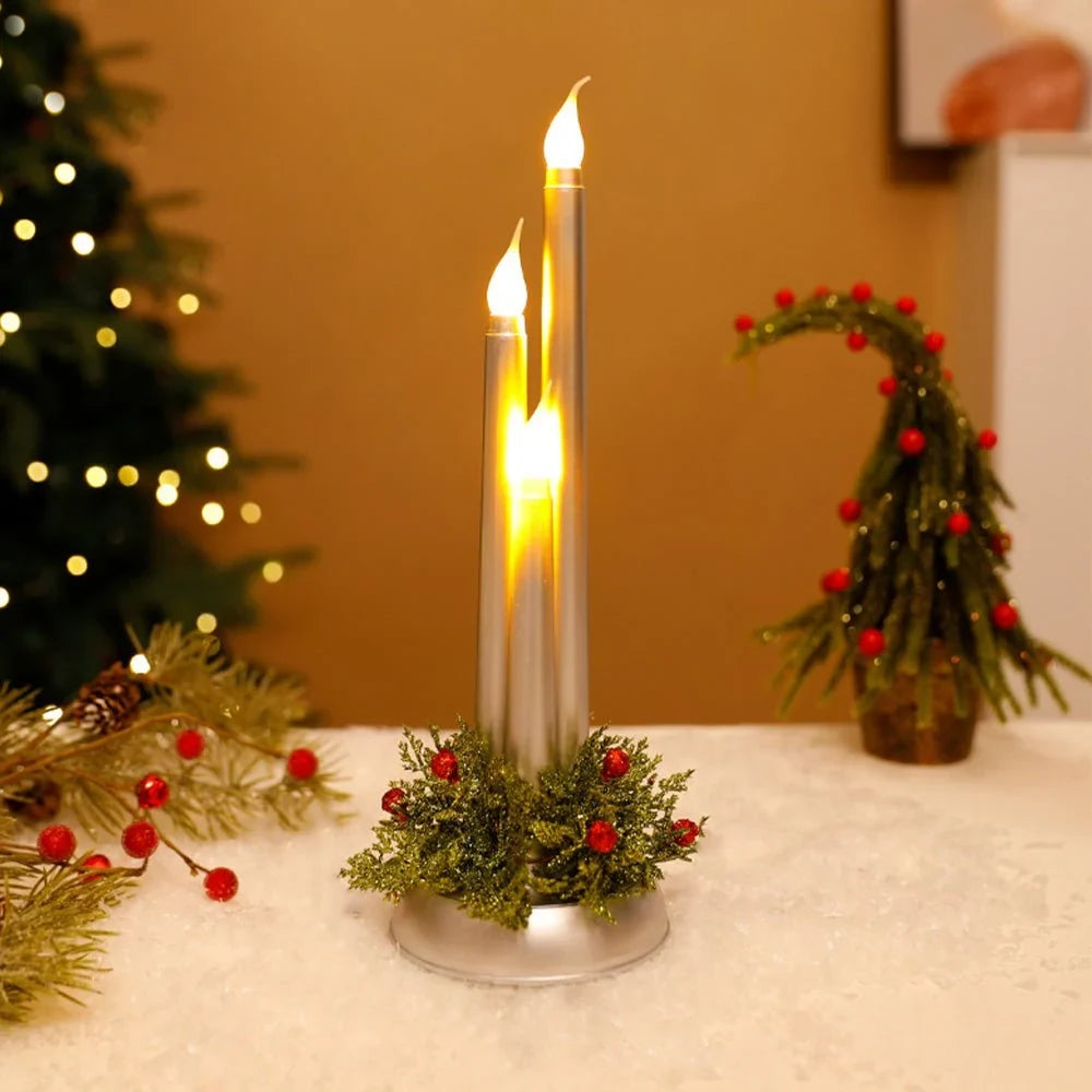 LED Candelabra Light Bulbs with Flickering Flameless Taper Candles and Holiday Greenery - Image 3