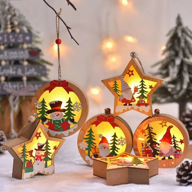 LED Light Up Christmas Ornaments with Warm Glow and Wooden Design for Holiday Decorations - Image 1