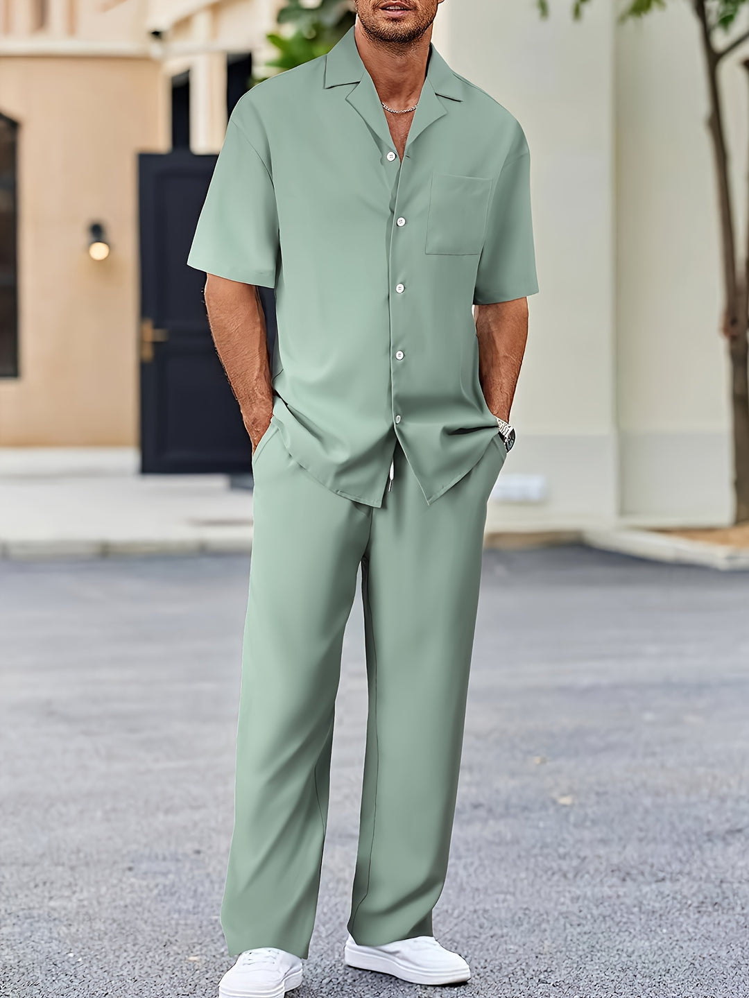 Leonardo | Classico Completo Estivo Uomo Camicia Pantaloni Verde
